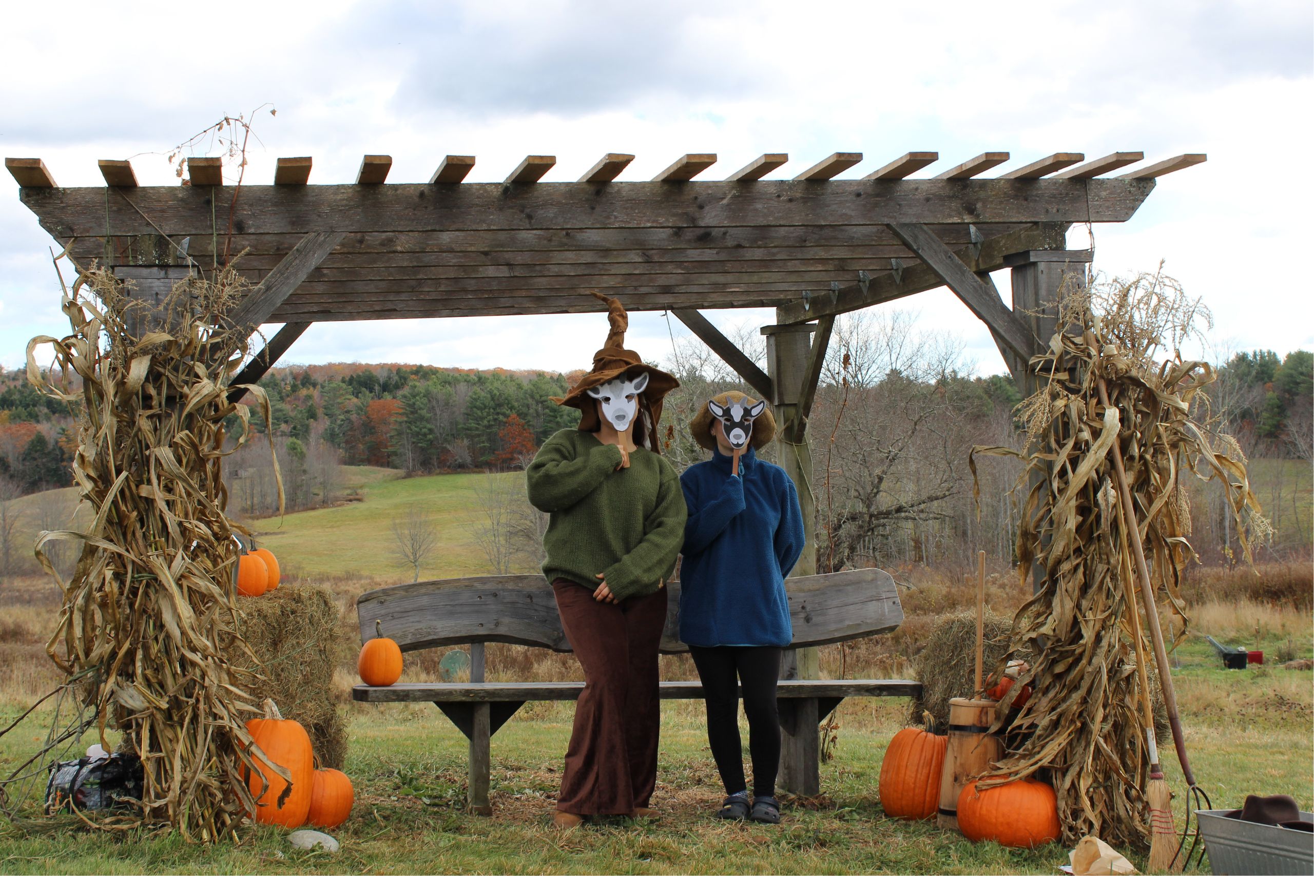 two people standing under a pergola decorated with pumpkins and cornstalks with goat masks and fall hills in the background.