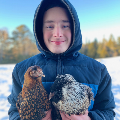 Young Maine farmer, William, holding his two chickens (one brown and one white and black) in a blue coat with a backdrop of a snowy farm field and woodlands.