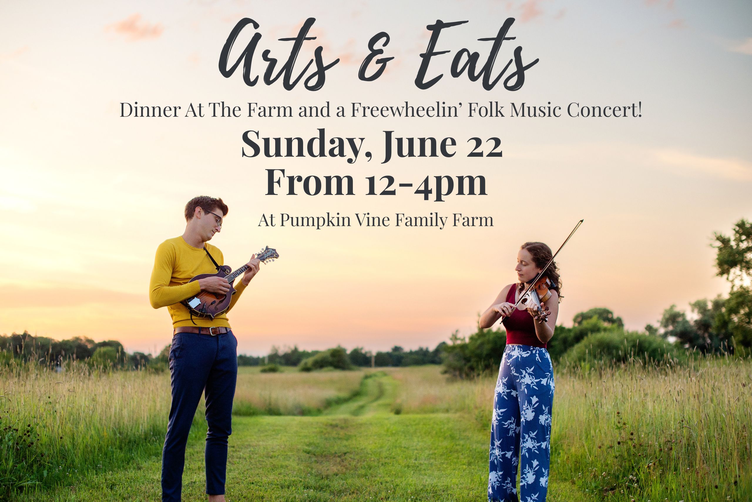 Fall Field with classical music trio in large italic letters followed by information for the special concert at Pumpkin Vine FamilY Farm in Somerville, ME